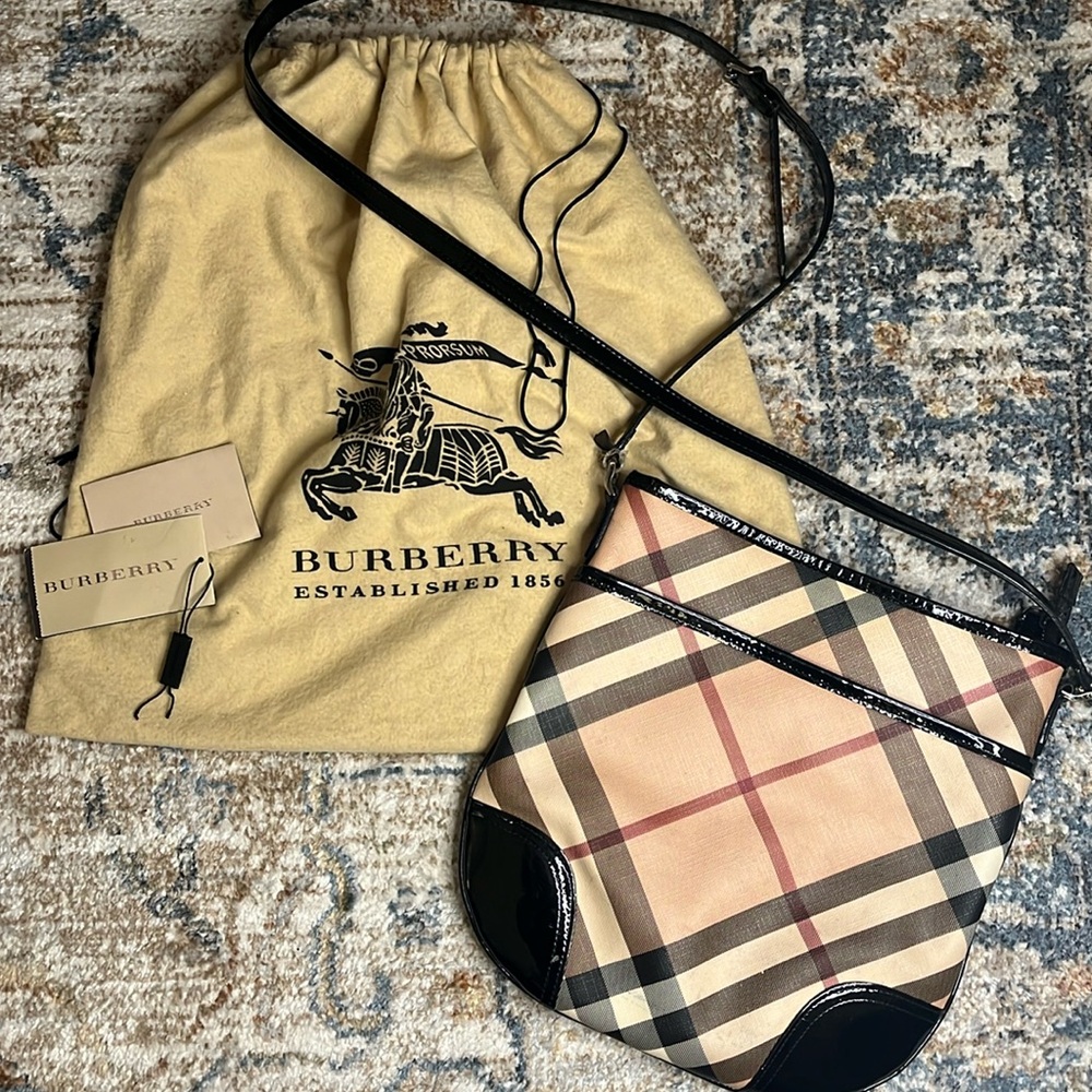 Burberry Dryden Crossbody in Nova Check Coated Canvas with Black Patent Leather